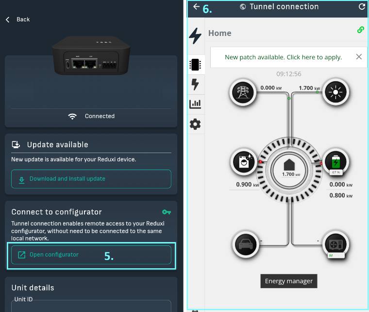 Stránka zariadenia v aplikácii Reduxi s tlačidlom Open configurator (5) a domovskou stránkou Configurator cez tunel (6)