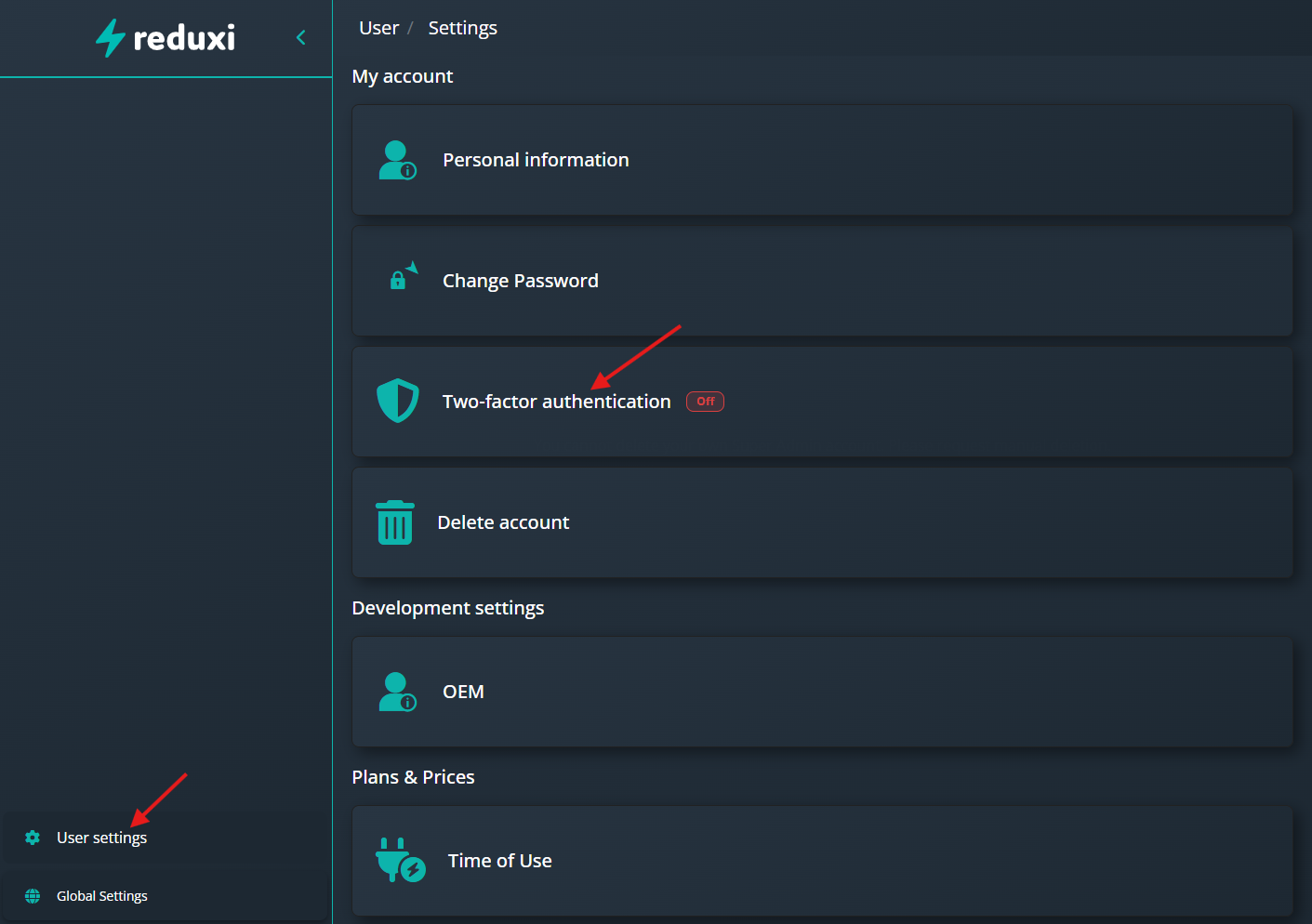 Página User settings da aplicação web cloud Reduxi, cartão Two-factor authentication com a etiqueta Off assinalada por uma seta