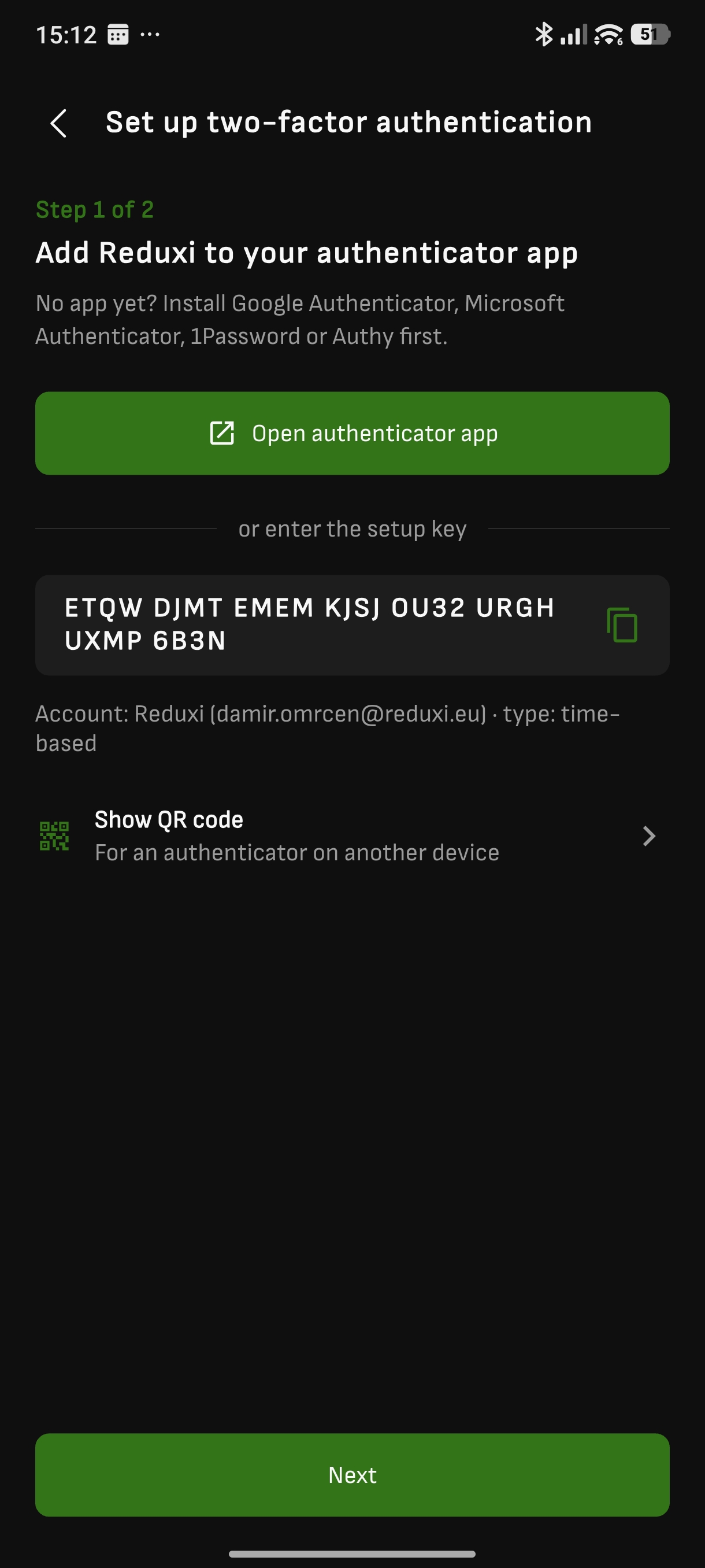 App móvel Reduxi, Set up two-factor authentication, passo 1 de 2: abrir a app de autenticação ou introduzir a chave de configuração
