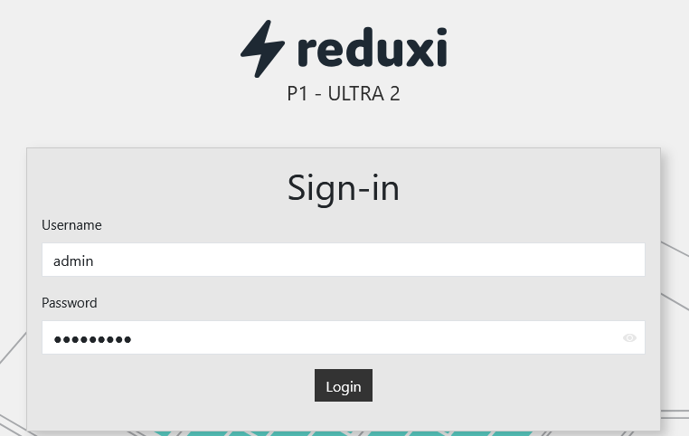 Inlogpagina van de P1 Ultra: Username admin, verborgen wachtwoord, knop Login