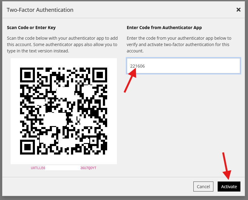 Reduxi controller, dialoogvenster Two-Factor Authentication: QR-code, codeveld en knop Activate