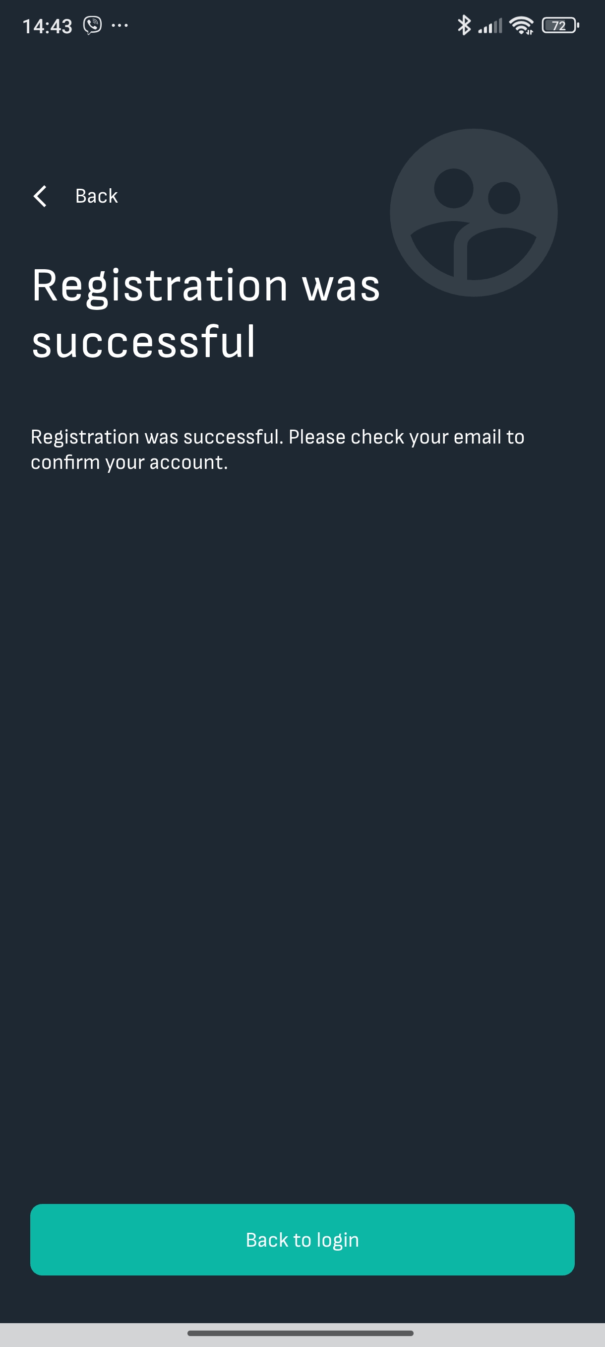 Registration was successful da app Reduxi: verifique o e-mail para confirmar a conta, Back to login