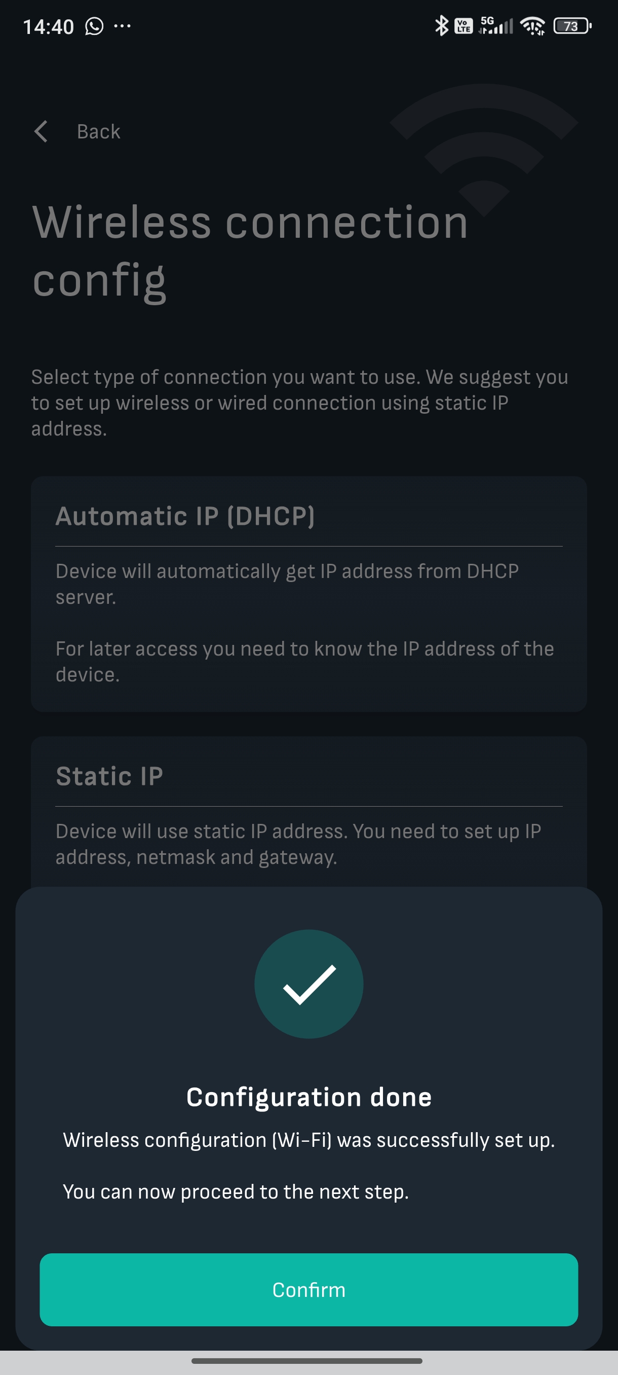 Caixa de diálogo Configuration done da app Reduxi: wireless configuration (Wi-Fi) configurada, botão Confirm