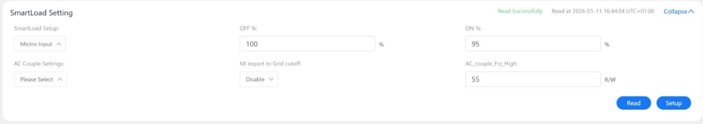 Paneel SmartLoad Setting van de Deye: MI export to Grid cut-off ingesteld op Disable