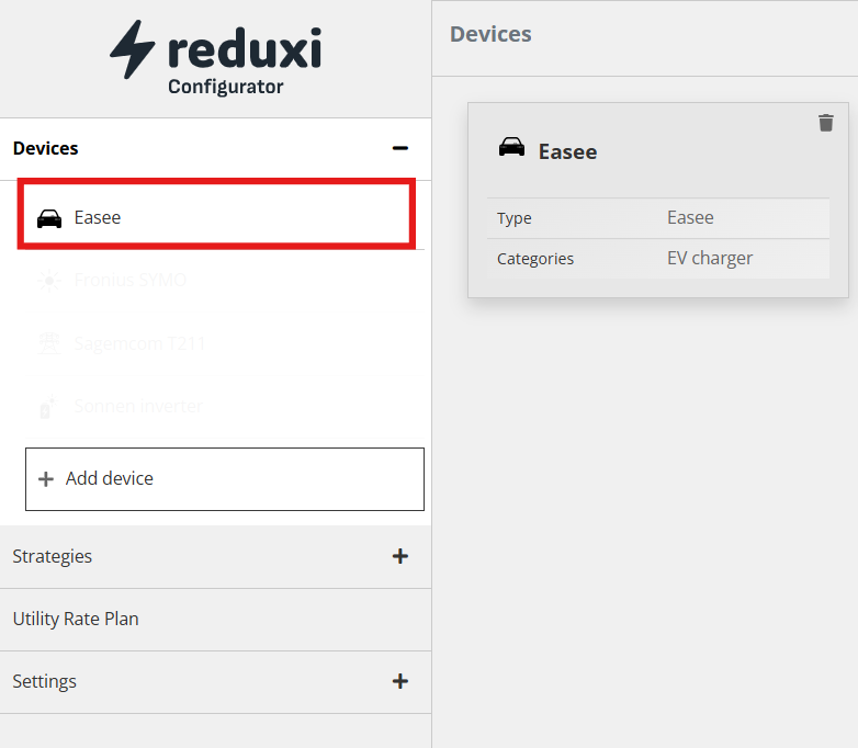 Weergave Devices in de Reduxi Configurator met het apparaat Easee gemarkeerd met een rood kader; de kaart toont type Easee, categorie EV charger