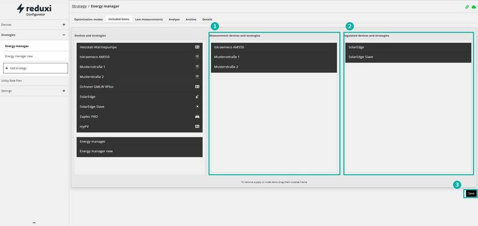 Included items da estratégia do Reduxi Configurator: colunas de dispositivos de medição e dispositivos regulados