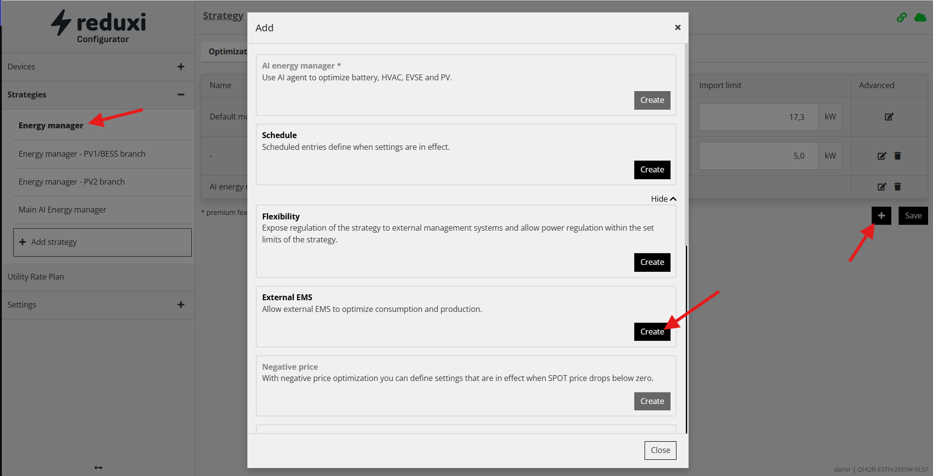 Caixa de diálogo Add strategy do Reduxi Configurator: botão Create de External EMS assinalado por uma seta vermelha