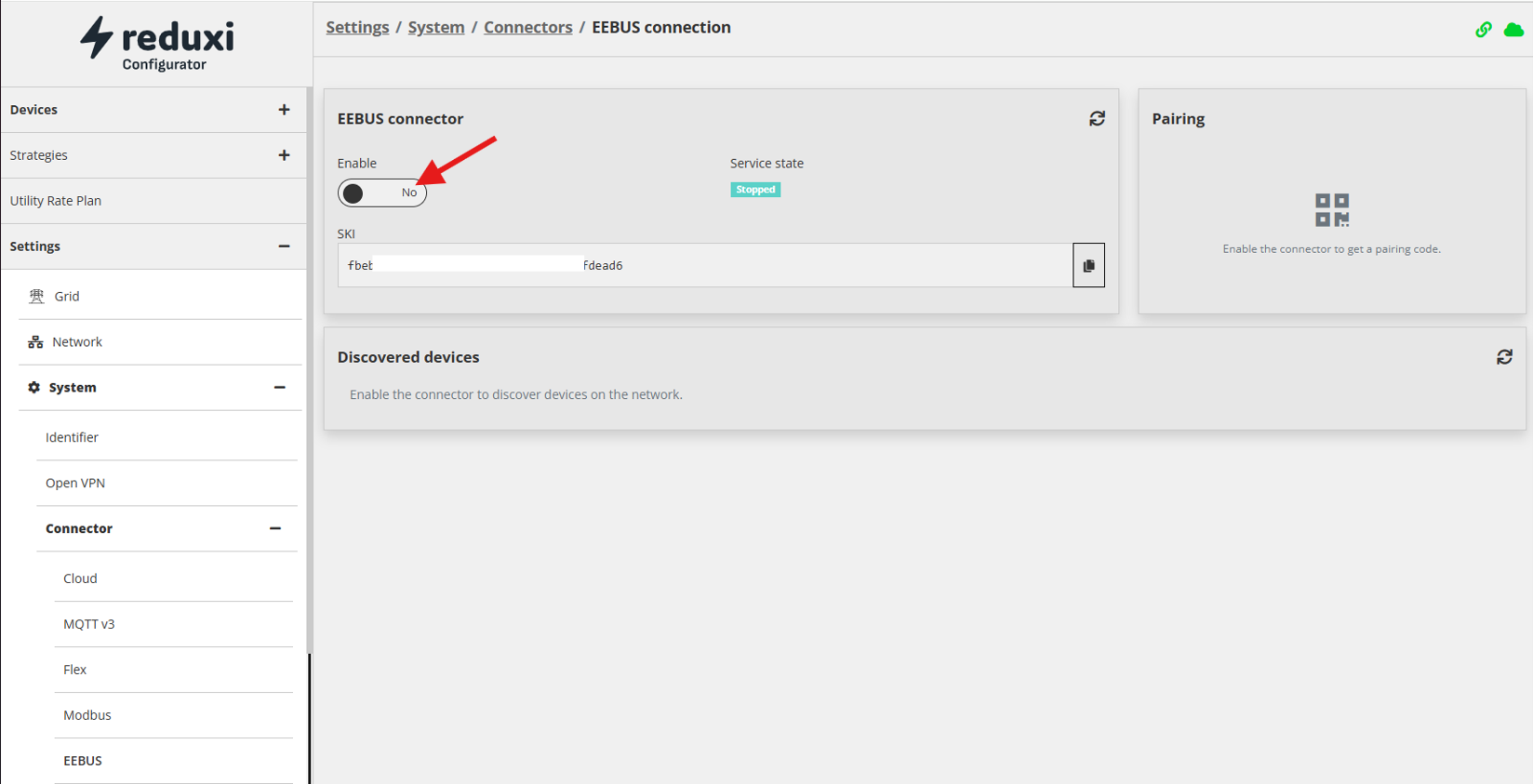 Reduxi Configurator, EEBUS connection: connector uitgeschakeld (No), servicestatus Stopped