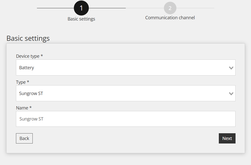 Ustawienia podstawowe w Reduxi Configurator: typ urządzenia Battery, typ Sungrow ST, nazwa Sungrow ST