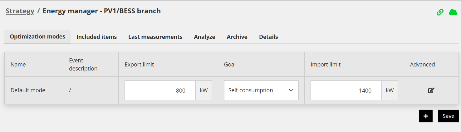 Configurator Energy manager PV1/BESS branch: modo predefinido, exportação 800 kW, importação 1400 kW