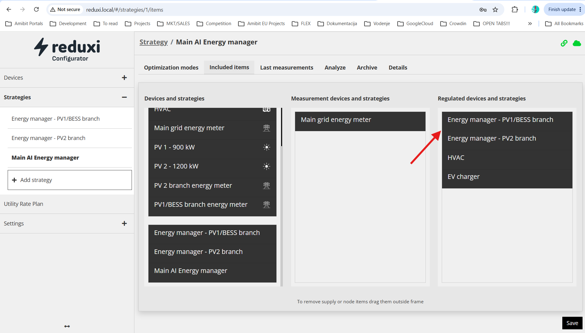 Configurator Main AI Energy manager, Included items: lista de regulação com subestratégias, HVAC, carregador de veículos elétricos