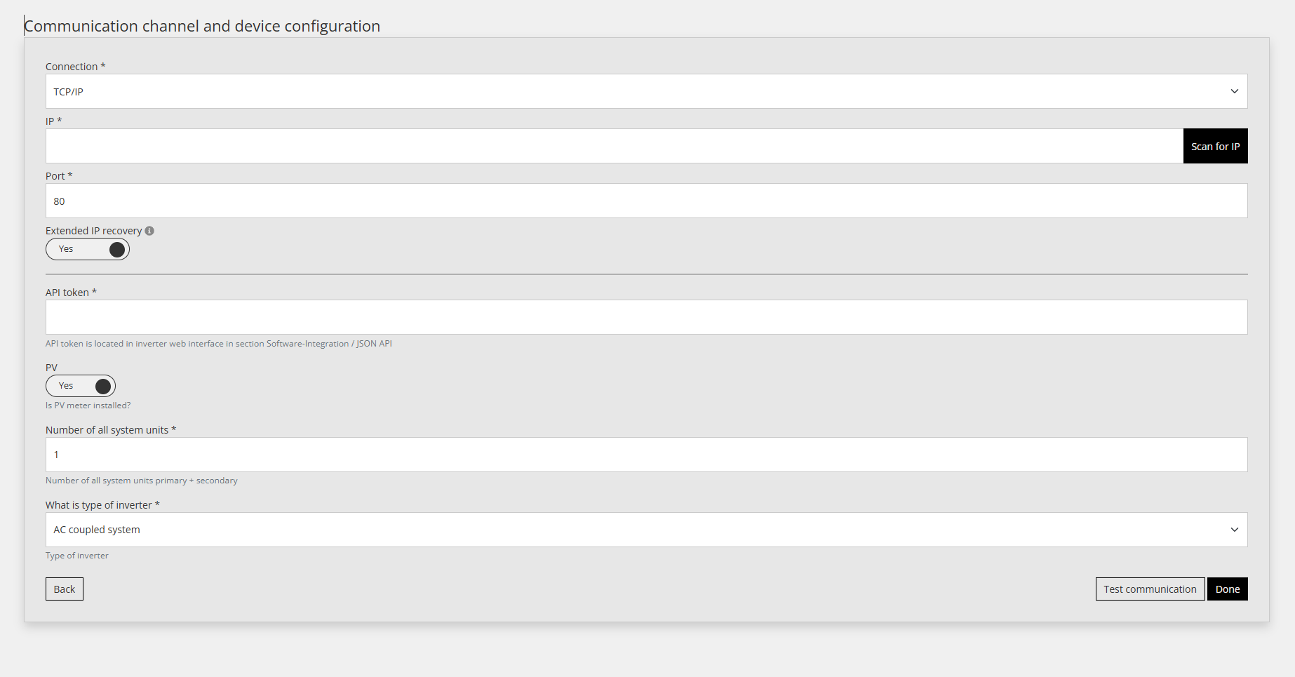 Communicatie-instellingen van de Reduxi Configurator: poort 80, leeg IP-adres en API-token, AC-gekoppeld systeem
