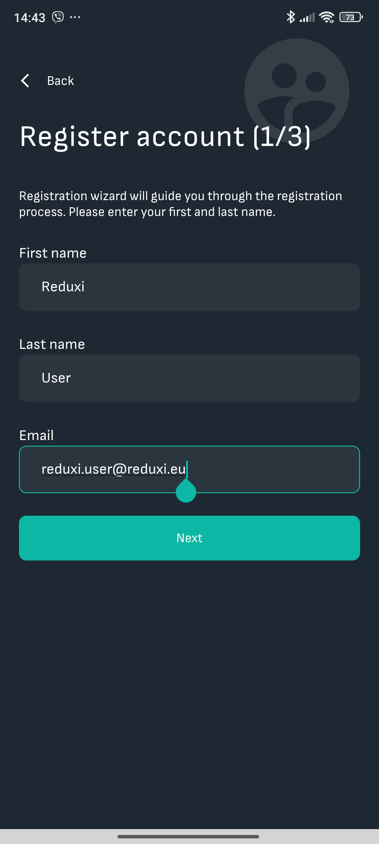 Register account 1/3 da app Reduxi: nome Reduxi, apelido User, campo de e-mail e botão Next