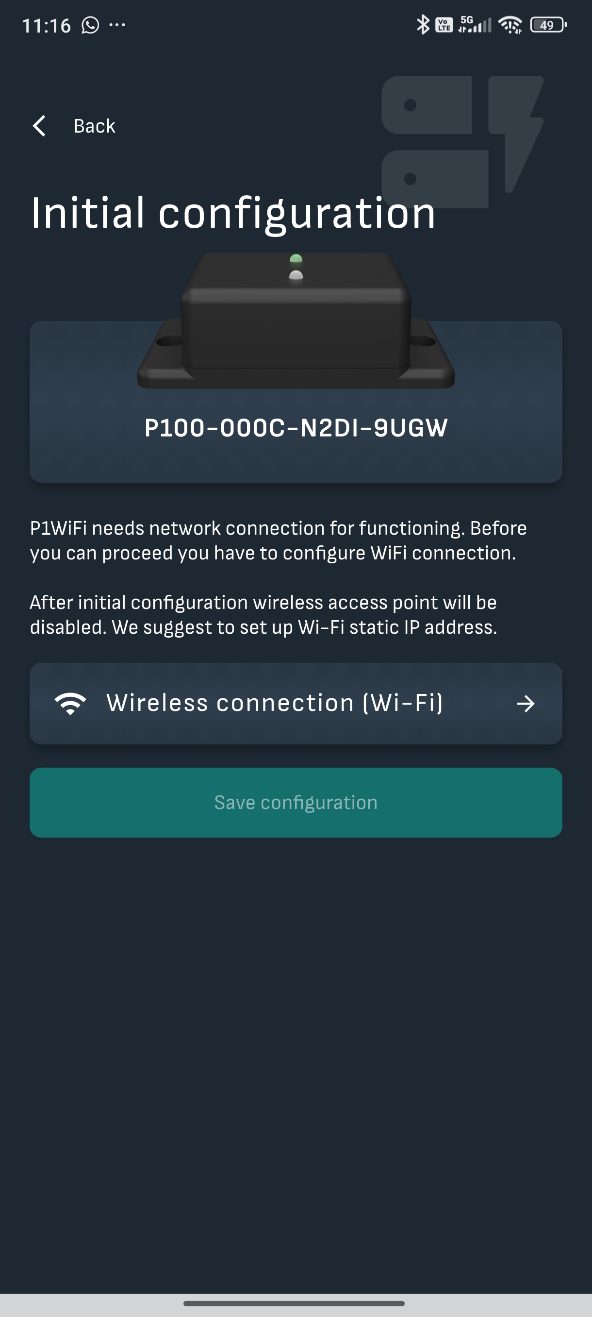 Initial configuration para P1WiFi da app Reduxi: Wireless connection (Wi-Fi) ainda não definida, Save configuration esbatido