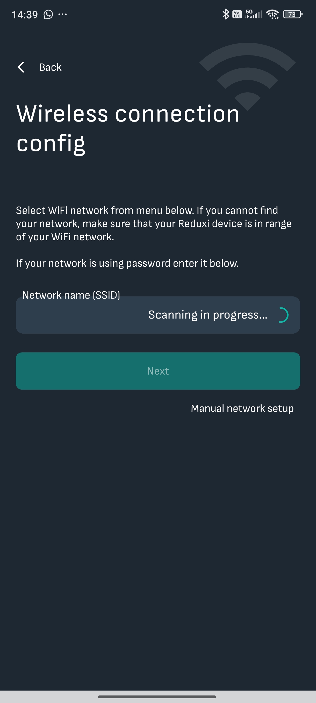 Seleção da rede Wi-Fi na app Reduxi: Network name (SSID) com pesquisa em curso, Next desativado