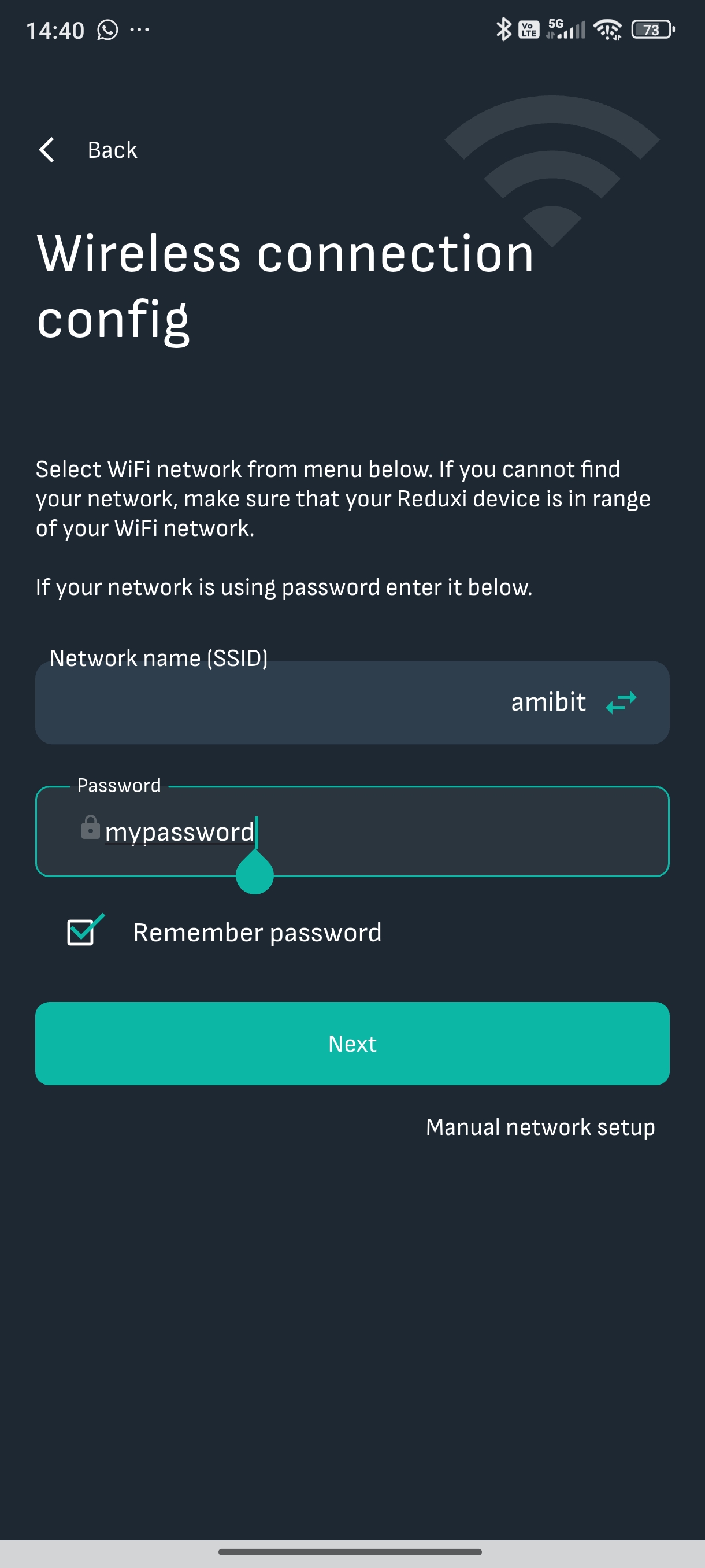 Wireless connection config da app Reduxi: SSID amibit, campo da palavra-passe preenchido, Remember password com visto, botão Next