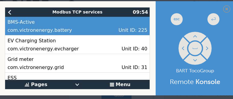 Usługi Victron Modbus TCP: bateria unit ID 225, ładowarka EV 40, licznik sieciowy 31