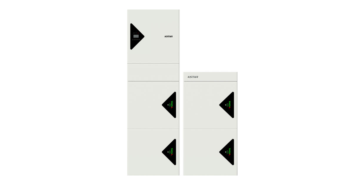 KSTAR-hybride omvormer en batterijstapels, lichtgrijze modules met zwarte driehoekige indicatoren