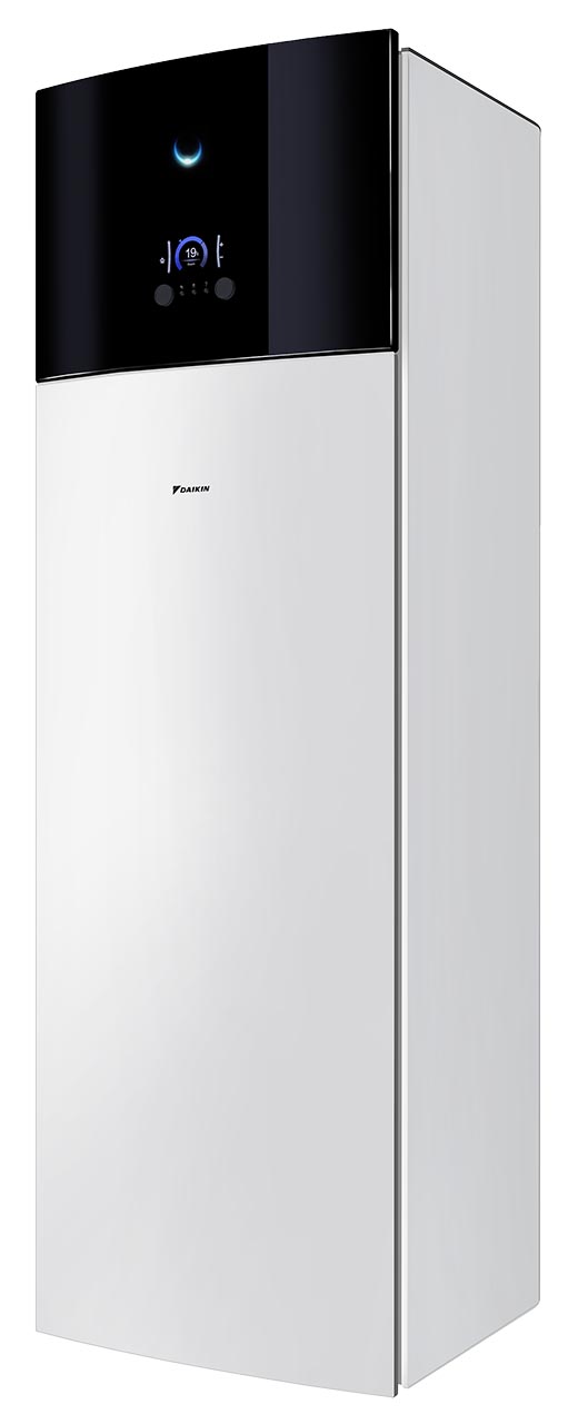 Foto van de Daikin Altherma 3 H MT F-warmtepomp met zwart bovenpaneel en rond display met 19