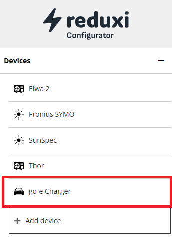Apparatenlijst van de Reduxi Configurator met go-e Charger geselecteerd (rood kader)