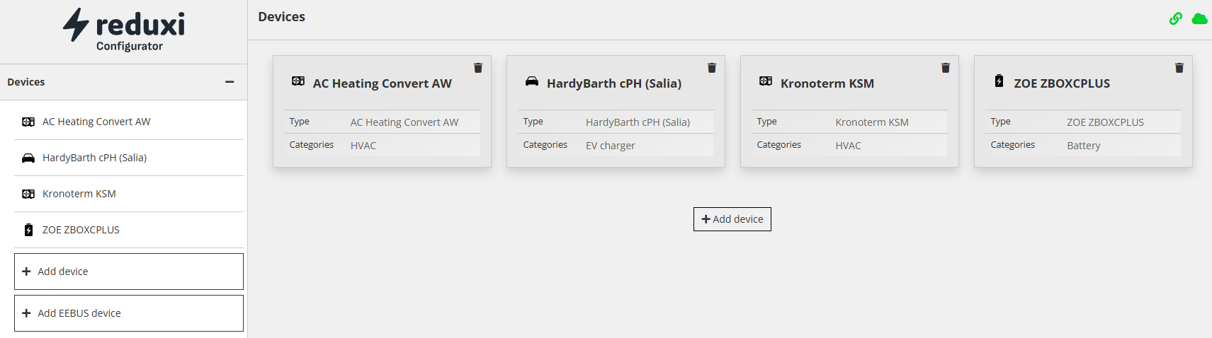 Página Devices do Reduxi Configurator com quatro dispositivos e os botões Add device e Add EEBUS device