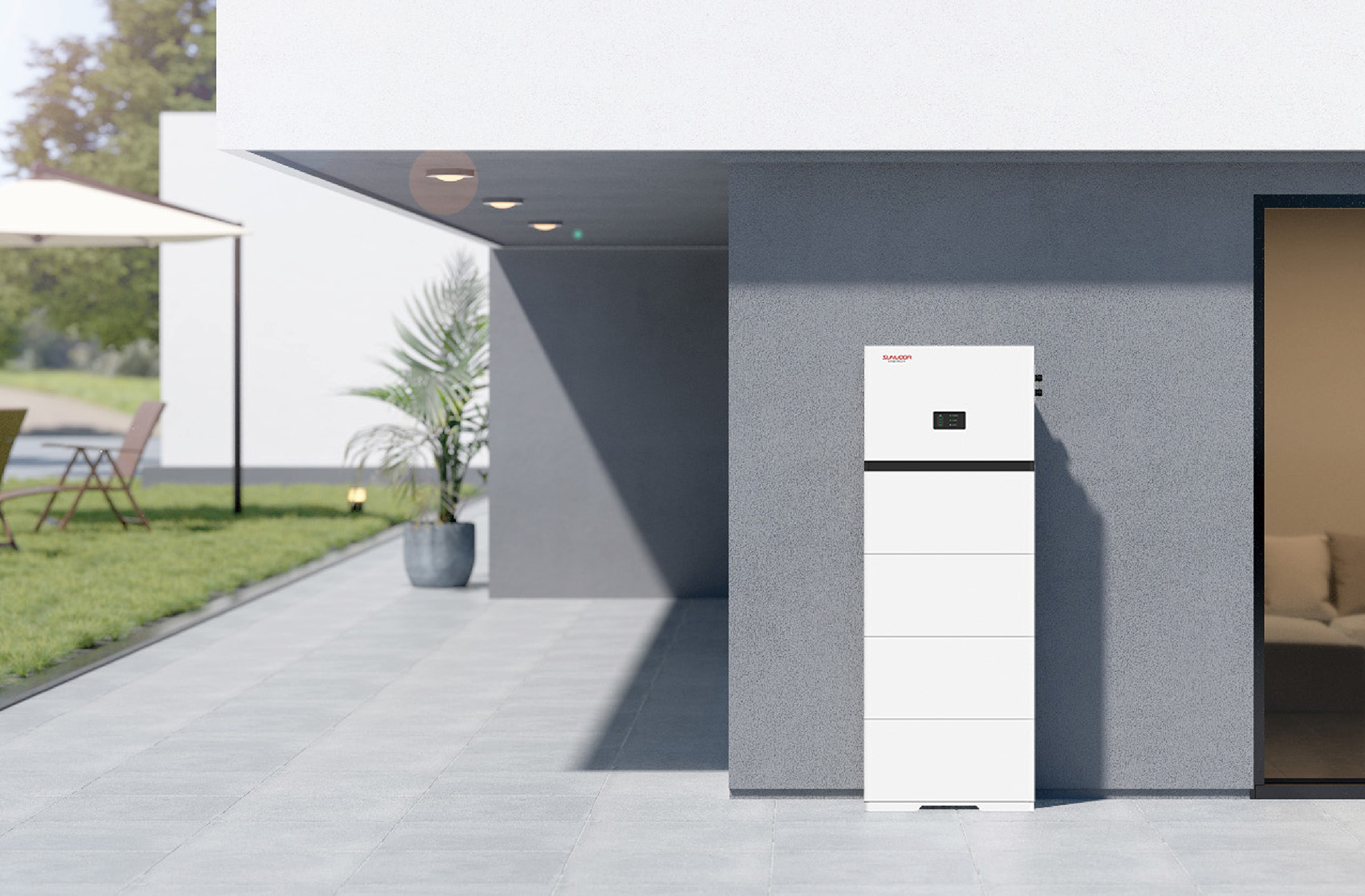 Sistema de armazenamento de energia Sunwoda all-in-one no exterior de uma casa