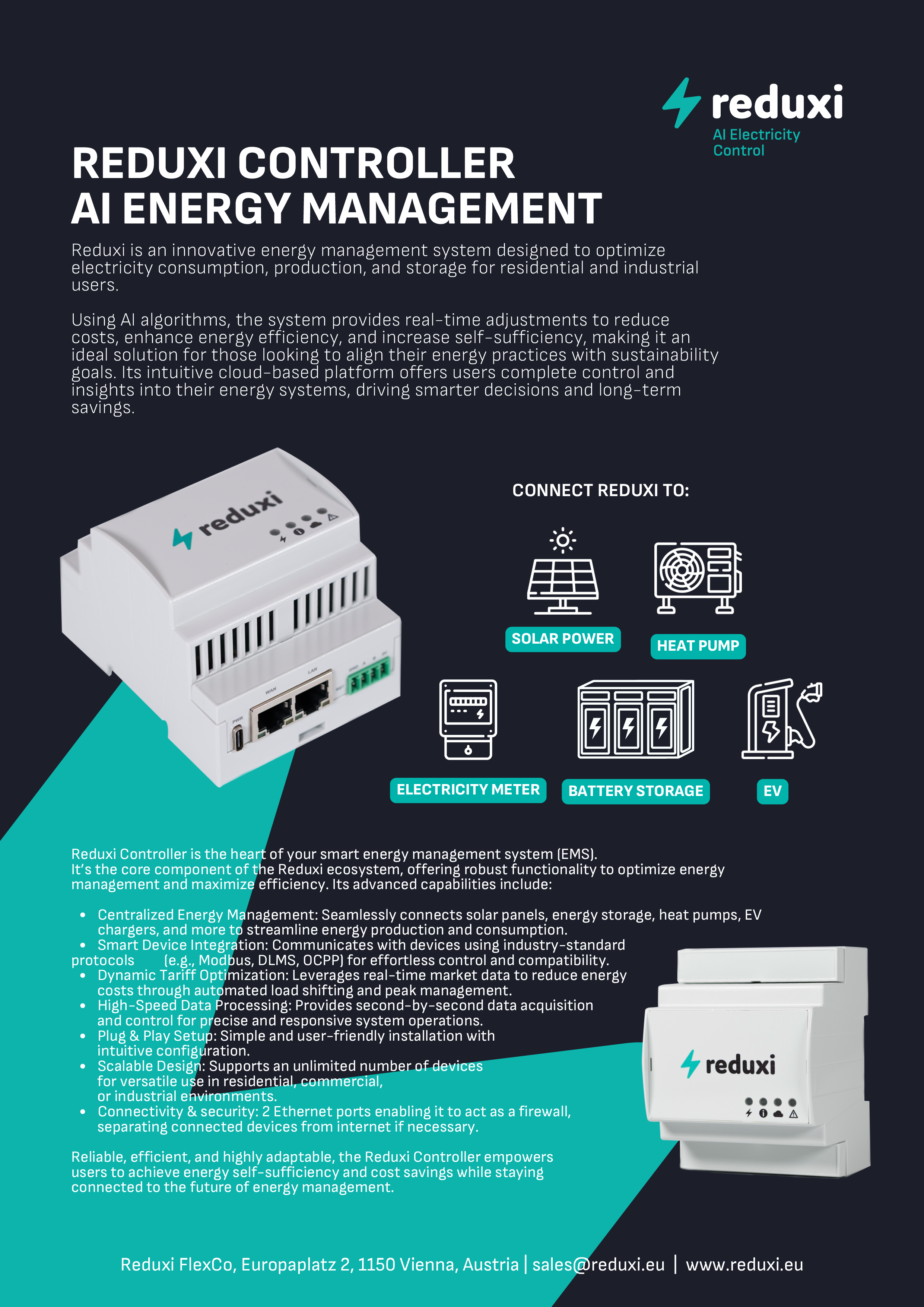 Brochure Reduxi Controller AI Energy Management: foto's van de controller, aansluitbare apparaten, functies