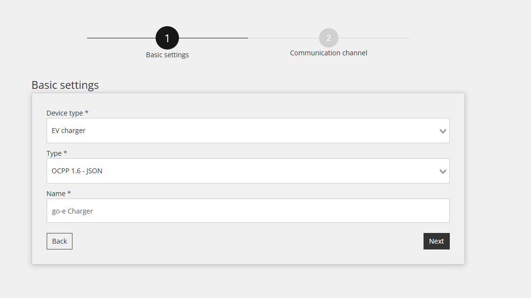 Basisinstellingen in de Reduxi Configurator: EV charger, type OCPP 1.6 - JSON, naam go-e Charger