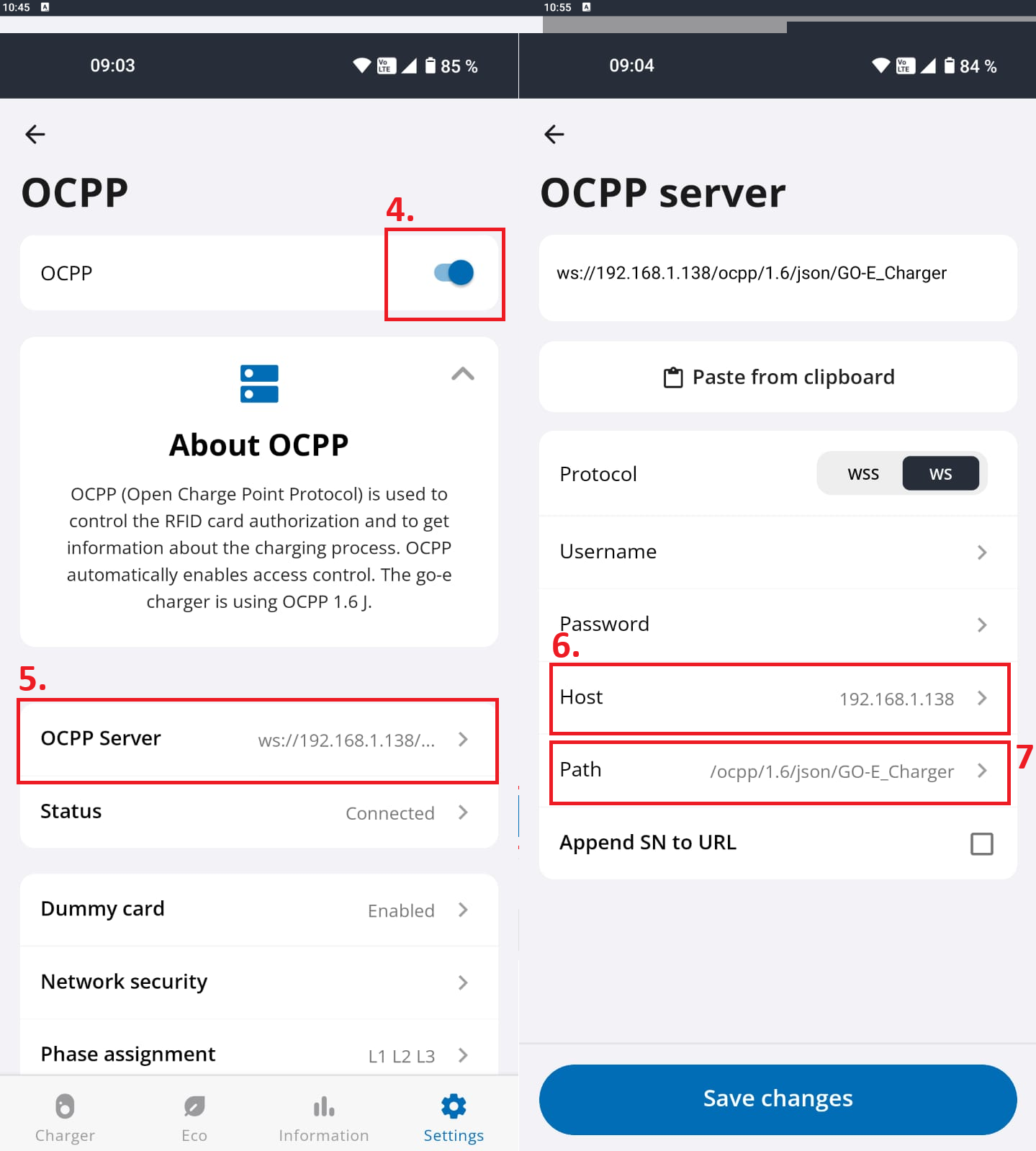 OCPP-instellingen van de go-e-app: schakelaar aan, OCPP-serverhost 192.168.1.138, pad /ocpp/1.6/json/GO-E_Charger
