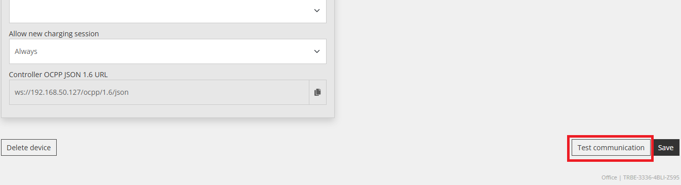 Tabblad Details van een apparaat in de Reduxi Configurator, met de knop Test communication rood gemarkeerd