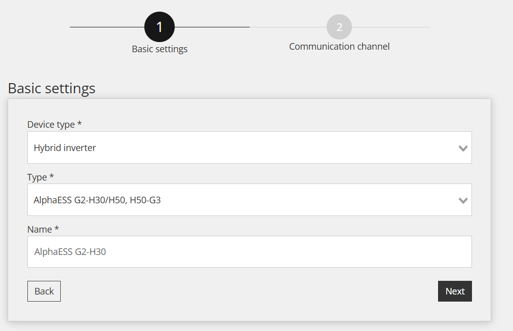 Reduxi Configurator, Basic settings: Hybrid inverter, type AlphaESS G2-H30/H50, H50-G3