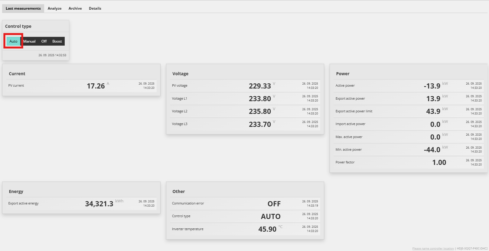 Tabblad Last measurements in de Reduxi Configurator: Control type Auto gemarkeerd met een rood kader, waarden voor stroom, spanning en vermogen