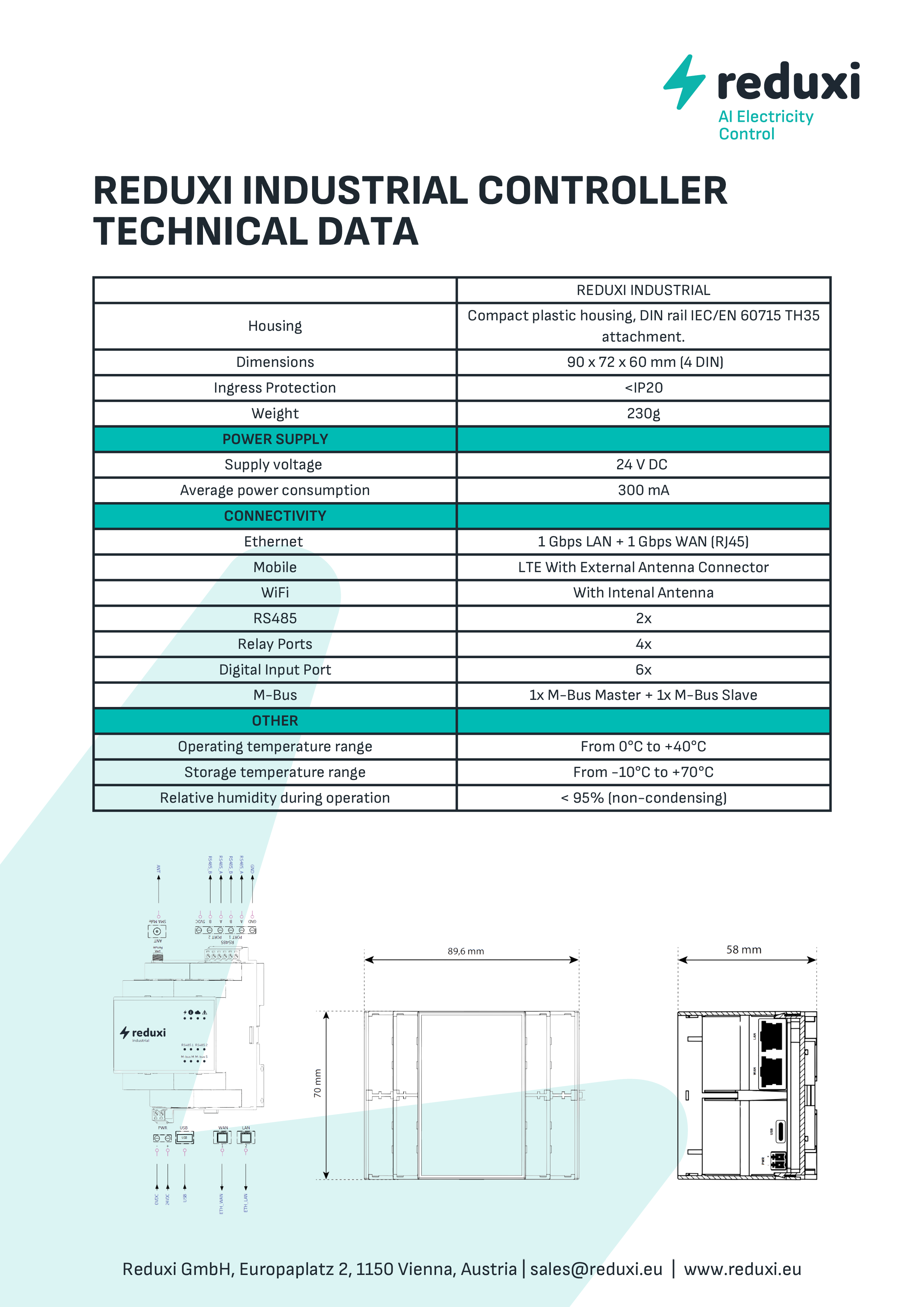 Ficha técnica do Reduxi Industrial Controller: 90 x 72 x 60 mm, 24 V DC, LAN, WAN, RS485, M-Bus