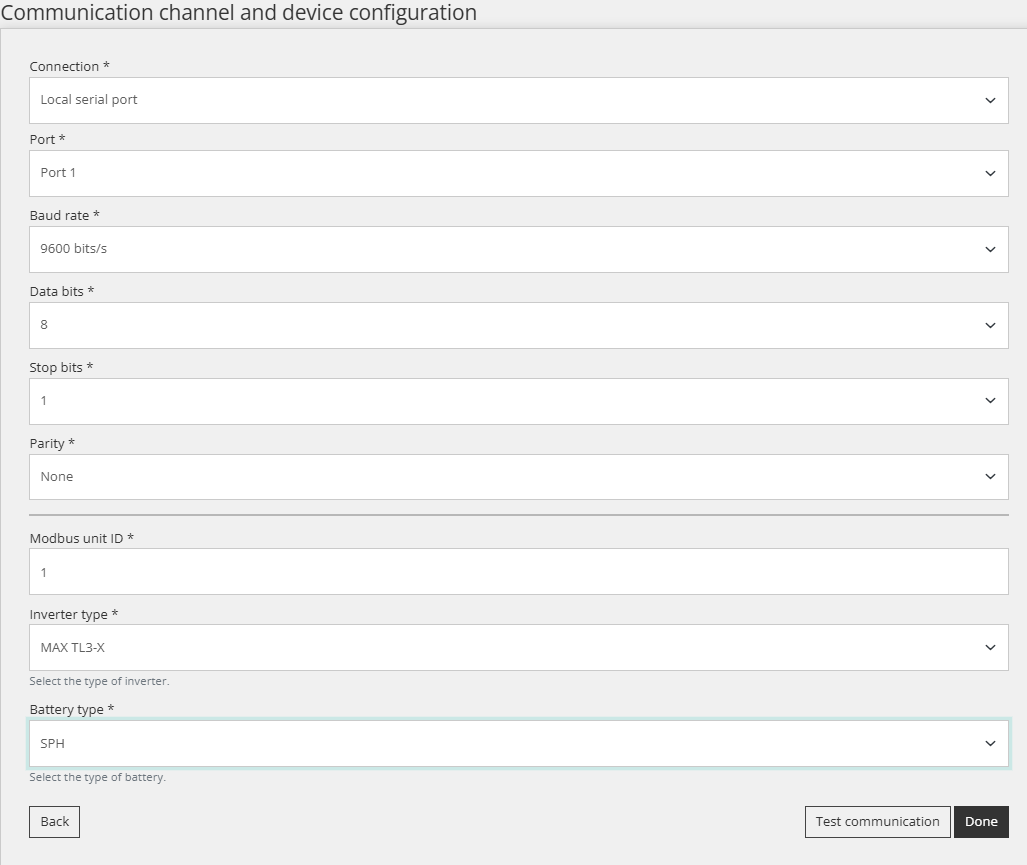 Definições de comunicação Growatt no Reduxi Configurator: Port 1, 9600 bits/s, Modbus unit ID 1, inverter type MAX TL3-X, battery SPH