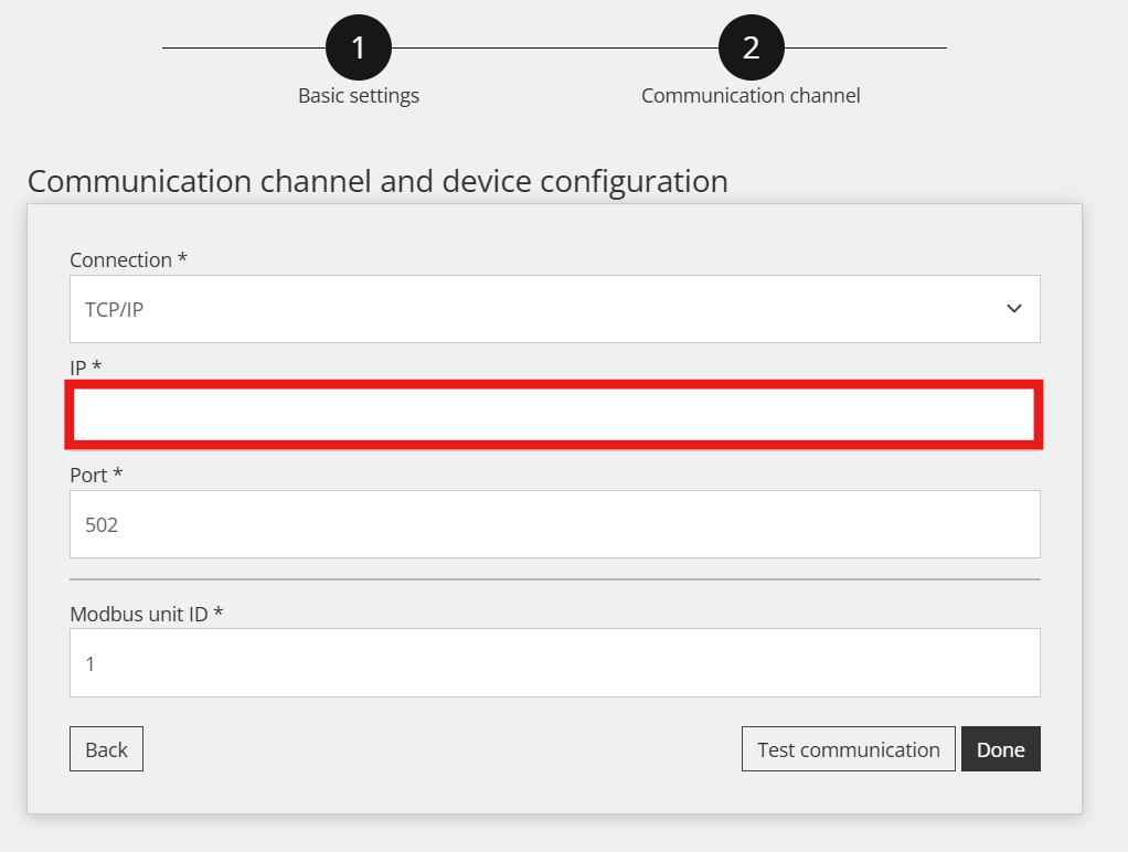 Passo 2 do Reduxi Configurator para o SAJ CM2: IP vazio numa caixa vermelha, porta 502, Modbus unit ID 1