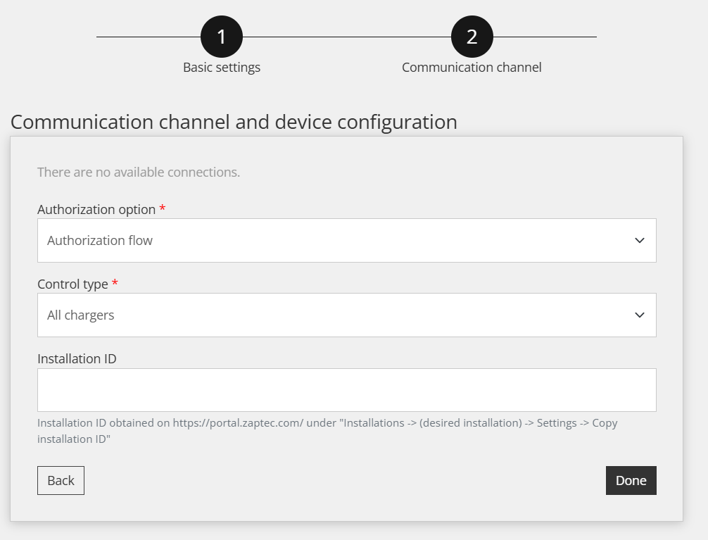 Communicatiekanaal van Zaptec in de Reduxi Configurator: Authorization flow, control type All chargers, leeg veld Installation ID