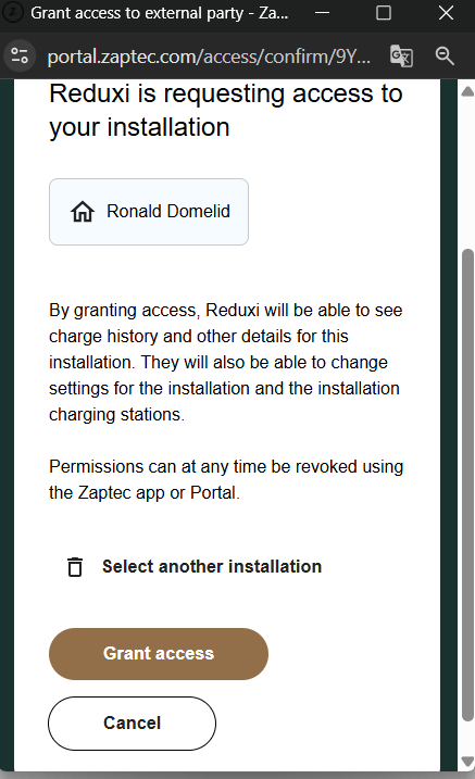 Zaptec Portal: Reduxi vraagt toegang, installatie (naam van de installatie weggelaten) geselecteerd, knop Grant access