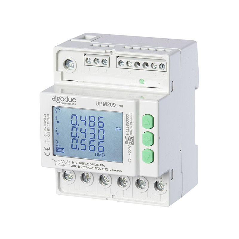 Trójfazowy licznik energii Algodue UPM209 na szynę DIN z wyświetlaczem LCD i trzema zielonymi przyciskami