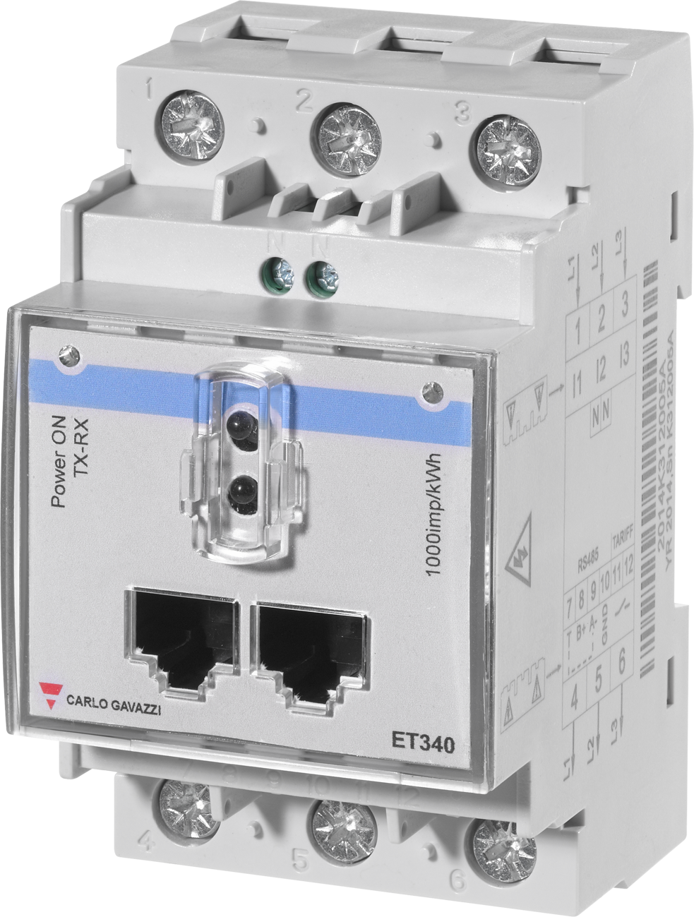 Carlo Gavazzi ET340 energiemeter, DIN-railunit met klemmen 1 tot 12 en RS485-markeringen