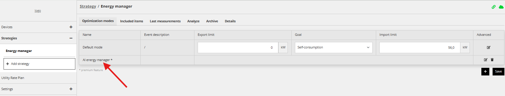 Configurator, Energy manager: řádek AI energy manager pod Default mode, označený červenou šipkou